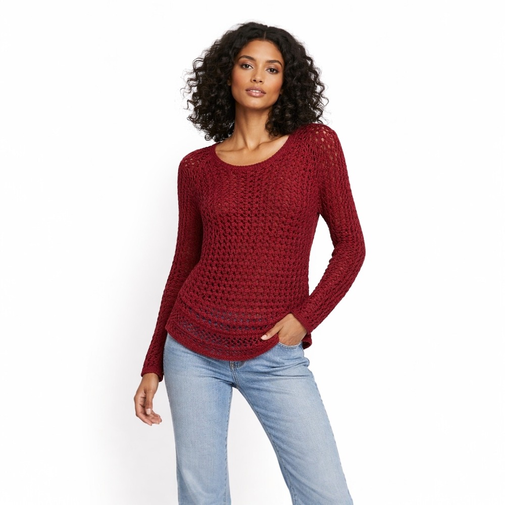 Lucky Brand Women's Red Crochet‎ Knit Pullover Sweater Small Casual Cozy